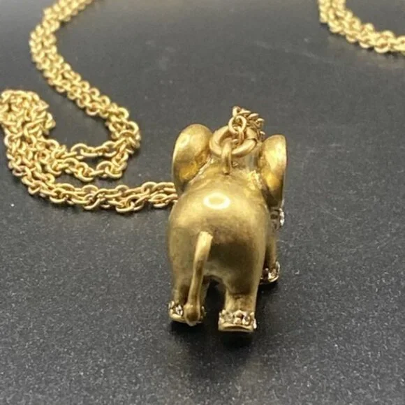 Signed J.Crew  Necklace Gold-Tone Rhinestone Elephant Trunk Up Pendant 28 +3" - Picture 9 of 13